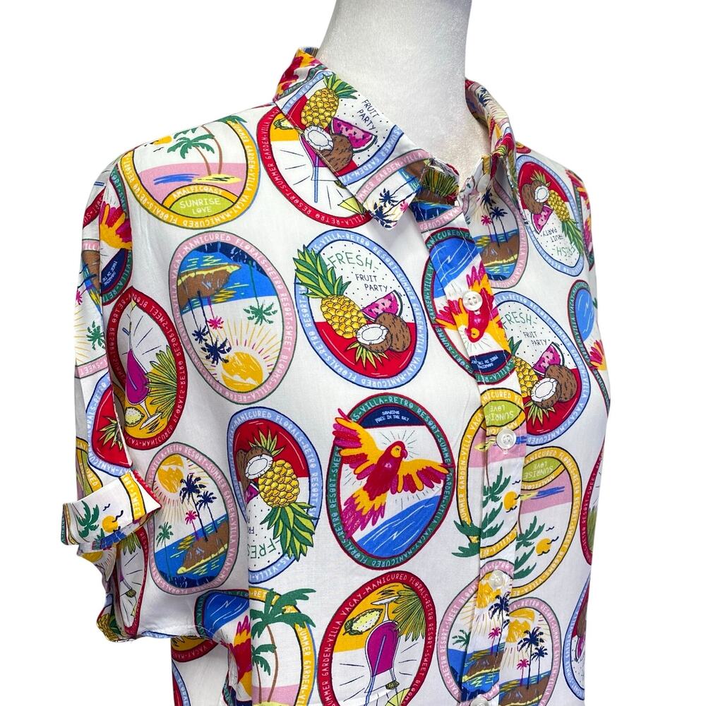 SUNBURST KISS Hawaiian Shirt Cropped Sz L Tropical Summer Beach Cocktails